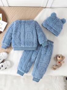 SHEIN Vintaside Kids Bộ 3 áo nỉ dệt kim gấu bông màu trắng Unisex cho bé trai, quần nỉ và mũ tai gấu, ấm áp và thoải mái cho mùa thu/đông - Màu xanh lam - Xem 2