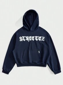 Manfinity VCAY 男士宽松字母刺绣口袋连帽运动衫，工作复古字母长袖皇家蓝色连帽衫，适合朋友、丈夫、男朋友的礼物，适合秋冬 - 寶藍色 - 查看 1