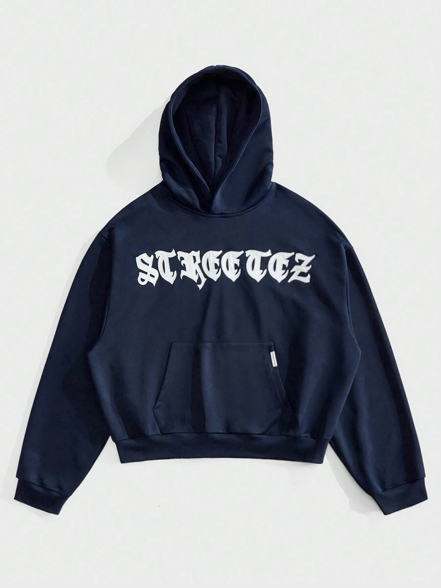 Manfinity VCAY 男士宽松字母刺绣口袋连帽运动衫，工作复古字母长袖皇家蓝色连帽衫，适合朋友、丈夫、男朋友的礼物，适合秋冬 - 寶藍色 - 查看 1