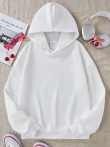 Teen Girls Cherry Print & Slogan Embellished Dropped Shoulder Long Sleeve Hooded Sweatshirt, Autumn/Spring - White - View 2