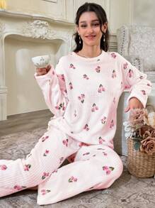 CottageSlumber Floral Printed Fleece Long Sleeve Top And Long Pants Women's Fluffy Pajama Set Holiday Season, Fall Winter Clothes