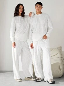 Manfinity VCAY Unisex Knit Jacquard Terry Cloth Sunflower Print Loose Drop Shoulder Round Neck T-Shirt And Drawstring Waist Straight Leg Pants Set - White - View 1