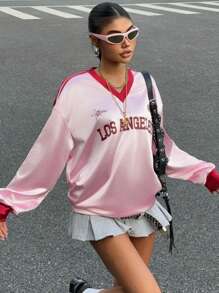 Muchica Women's Retro Colorblock Ancora Red Print V-Neck Collar Long Sleeve Jersey