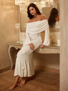 Opulessa Jesienna i zimowa impreza świąteczna seksowna elegancka wakacyjna jednokolorowa dzianinowa sukienka z długim rękawem dopasowana z odkrytymi ramionami syrenka z 3D kwiatowym wystrojem dla kobiet