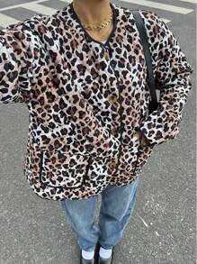 SHEIN Essnce Winter Women's Reversible Street Fashion Leopard Print Velvet Thickened Warm Quilted Jacket Long Coat Fall Cloth For Women - Brown - View 5