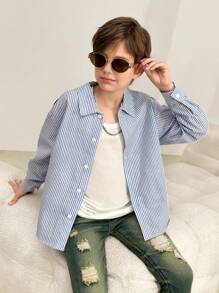 SHEIN 青少年男孩加大码运动插肩领字母图案二合一衬衫 - 藍色 - 查看 7