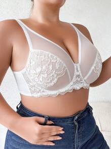 Sujetador lencería de talla grande con aros, panel de encaje de dos tonos y detalles de malla - Blanco - Ver 3