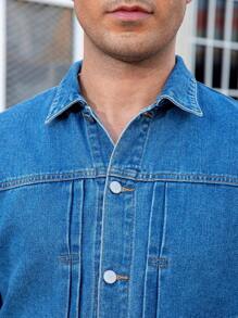 Manfinity Homme Plus Size Men's Solid Color Front Button Pocket Casual Long Sleeve Denim Jacket - Dark Wash - View 6
