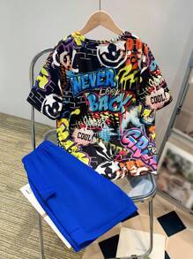 Tween Boy/Tween Boy Graffiti Printed Loose Fit Collared Short Sleeve T-Shirt And Shorts Set, Outfit Sets With T-Shirt