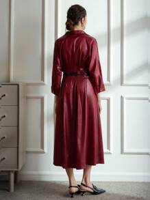 GENKIRA Váy dài đến giữa bắp chân dành cho nữ có cổ hoa 3D, thắt lưng, nút kim loại, vai trễ, vai trễ, váy dự tiệc vải bóng thanh lịch - Đỏ - Xem 2