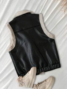 Chiquease Women Autumn/Winter Zip-Up Collar Faux Thermal Lined Regular Fit Vest - Black - View 2