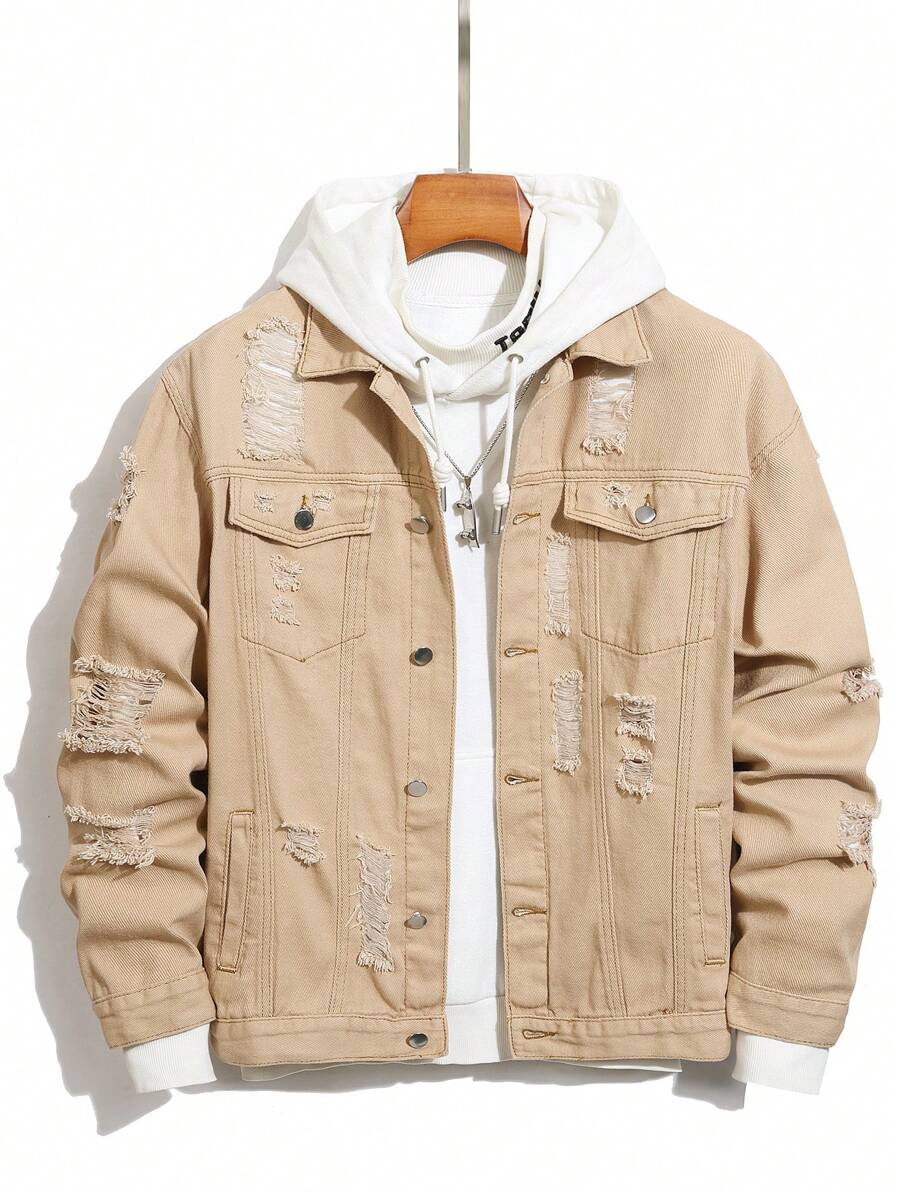 Manfinity Homme Áo khoác denim rộng rãi cài nút phía trước cho nam vào mùa thu/đông - Màu Khaki - Xem 1