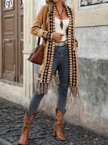 SHEIN LUNE 1pc Women Geometric Print Patchwork Long Sleeve Cardigan With Pockets, Casual Style, Autumn/Winter