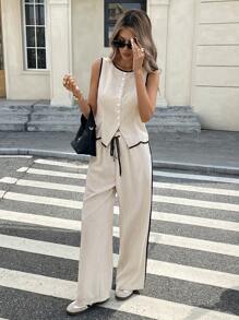 Serisse 2 件女式拼色滚边前扣圆领无袖上衣和抽绳长裤套装，法式撞色饰边杏色和黑色圆领无袖两件套西装，上衣和裤子 2 件女式休闲优雅通勤西装 - 杏色 - 查看 3