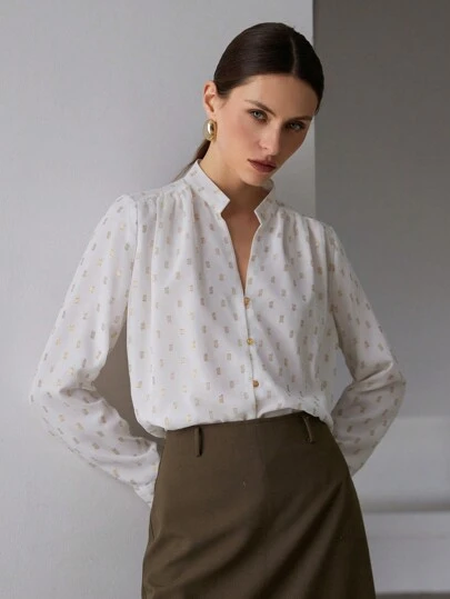 Aveloria Modichic Blusa larga de manga larga de gasa minimalista dorada, camisa elegante de negocios casuales con botones para mujer en otoño/invierno