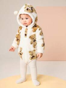 SHEIN Baby Boy Winter Casual Cute Bear Hoodie With Fluffy Ears Thick Warm Bodysuit, Suitable For Outdoor Play, Birthday, Home Comfort - Multicolor - View 6