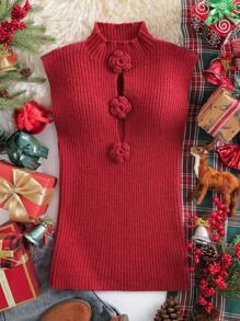 SHEIN VCAY ملابس علوية محبوك بدون أكمام ذو ياقة عالية مزين بالزهور، للارتداء اليومي الكاجوال في فصل الشتاء، ملابس نسائية شتوية، مناسب لفصلي الخريف والشتاء، وأعياد الشكر وعيد الحب والميلاد - الأحمر - مشاهدة 3