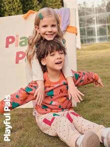 SHEIN 2 件套年轻男孩图案印花圆领长袖上衣和休闲裤套装，适合圣诞节 - 彩色 - 查看 11