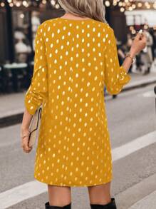 SHEIN Clasi Women's Autumn Zipper V-Neck Sparkle Polka Dot Print Ruffle Cuff Straight Hem Short Dress