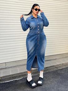 SHEIN ICON Casual Elastic Fitted Split Mini Dress - Medium Wash - View 4