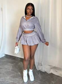 BamGleam 女士 2 件套短款上衣和迷你裙，休闲日常装，秋季 - 灰色 - 查看 4