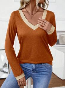 EMERY ROSE Camiseta de manga larga con cuello en V y bloques de color para mujer, versátil para camisetas gráficas de otoño y primavera - Multicolor - Ver 5