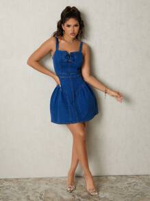 SHEIN SXY Casual Sexy Cute Bowknot Stretchy Form-Fitting Pleated Deep Blue Washed Woven Year-Round Women's Denim Dress - Blue - View 6