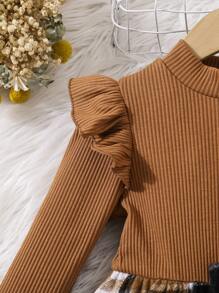 SHEIN Vestido ajustado de niña con cuello redondo, volantes, parches lisos y a cuadros