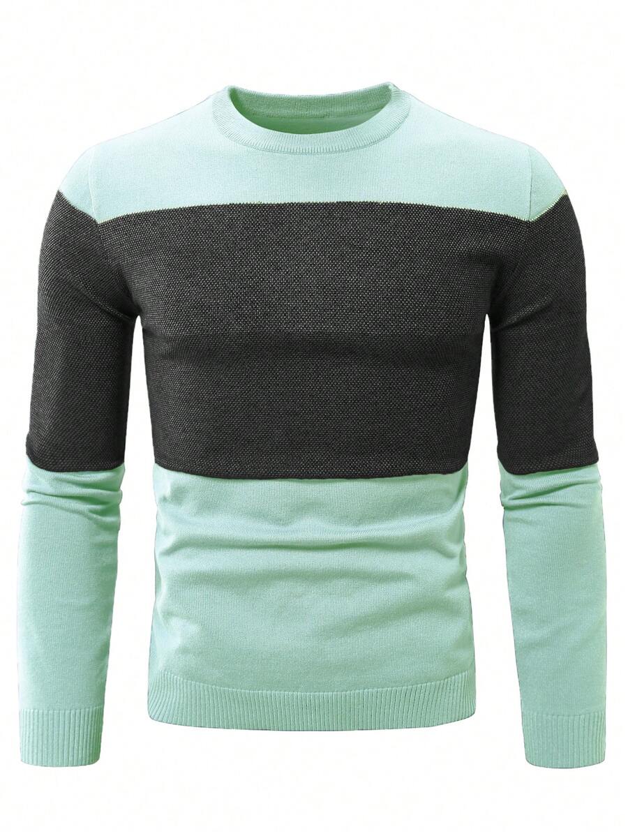 Manfinity Homme Men's Solid Color Splice Round Neck Long Sleeve Casual Sweater - Multicolor - View 1