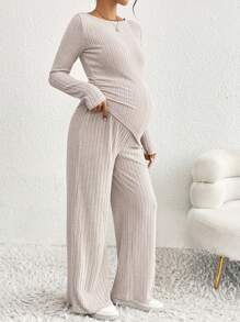 SHEIN 2pcs Pregnant Women Casual Set - Solid Color Round Neck Long Sleeve Asymmetric Hem T-Shirt And Adjustable Waist Pants, Autumn