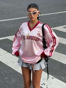 Muchica Women's Retro Colorblock Ancora Red Print V-Neck Collar Long Sleeve Jersey