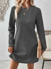 SHEIN LUNE 休闲纯色圆领长袖连衣裙 - 深灰色 - 查看 7