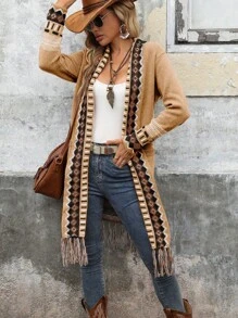 SHEIN LUNE 1pc Women Geometric Print Patchwork Long Sleeve Cardigan With Pockets, Casual Style, Autumn/Winter