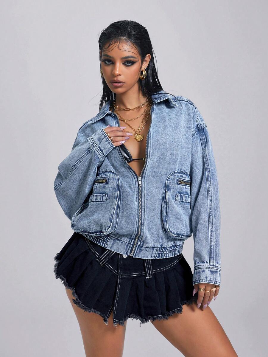 Jeanoix 女士前拉链做旧宽松牛仔夹克