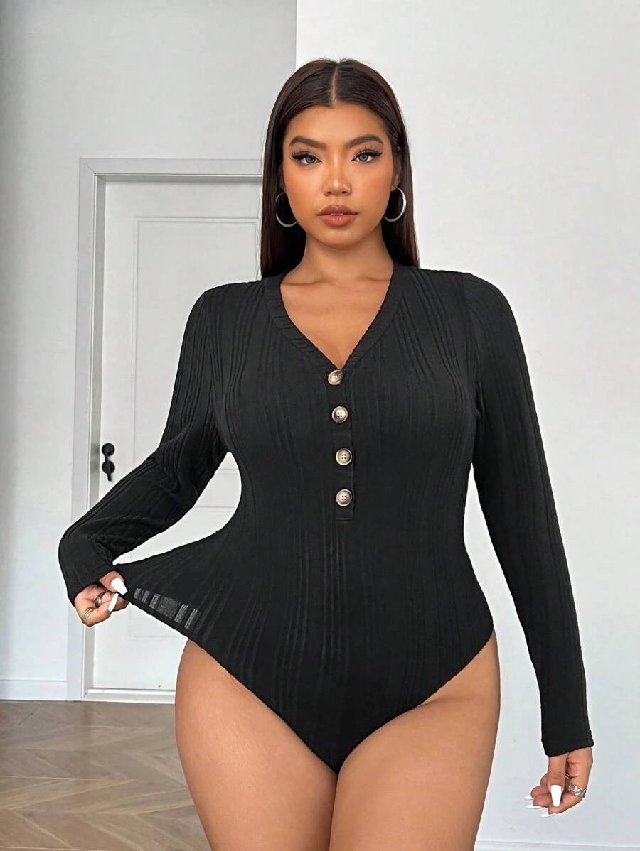 SHEIN EZwear 大码黑色针织紧身 V 领前扣长袖连身衣，适合冬季 - 黑色 - 查看 1