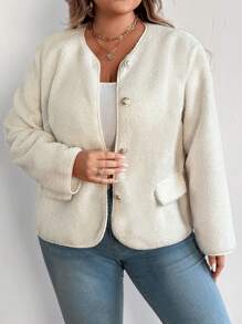 SHEIN CURVE+ Plus Size Women Casual Fluffy Short Jacket, Fashion Versatile Stylish Coat, White, Autumn/Winter