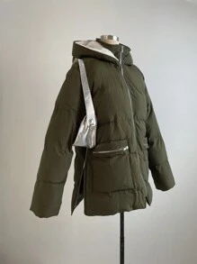 SHEIN EZwear 绿色编织女式连帽拉链口袋冬季长袖外套 - 軍綠色 - 查看 5