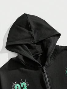 Manfinity EMRG Plus Size Men's Spring And Autumn Skull Letter Print Full Zip Hooded Casual Sweatshirt, Going Out Zipper Graphic Long Sleeve Hoodie, For Friends, Husband, Boyfriend Gifts