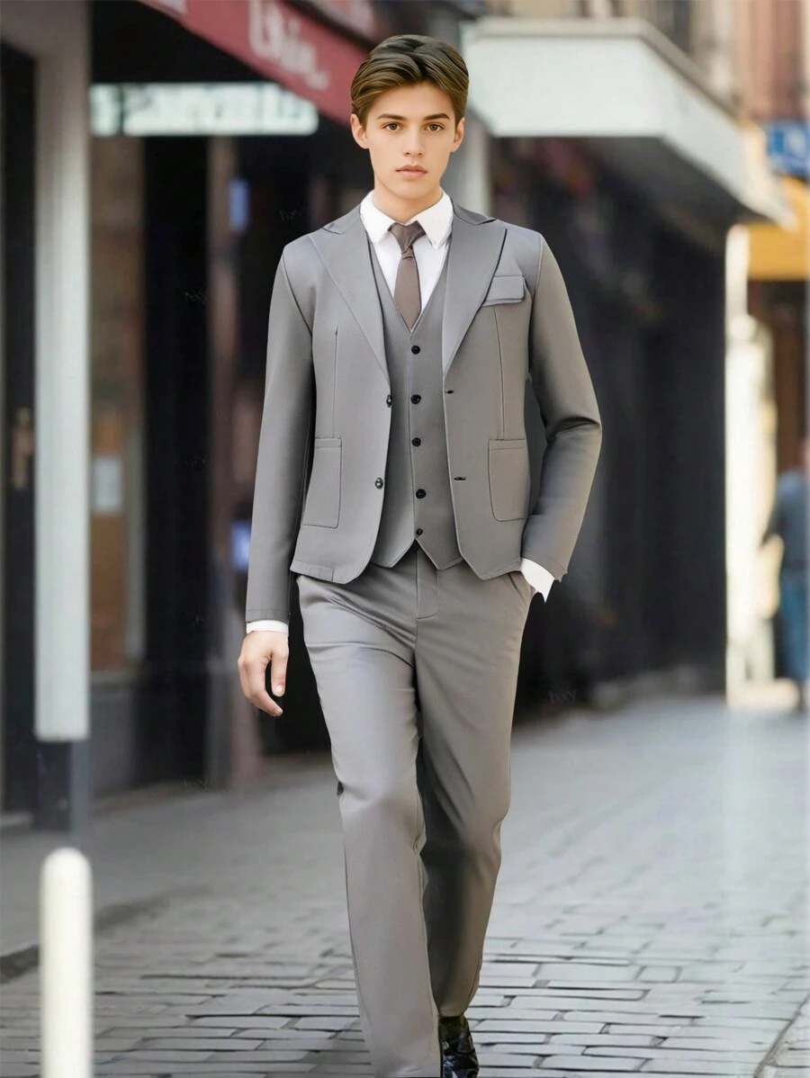 Set de 3 piezas Conjunto de vestir para chicos adolescentes, incluye: chaqueta tipo blazer + chaleco ajustado + pantalón formal, conjunto de traje elegante para cumpleaños, Navidad, boda, graduación, fiesta, presentación, evento - Gris - Ver 1