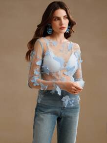 Anewsta Áo cánh ren bướm lưới thêu cho nữ, tay dài - Màu xanh lam - Xem 6