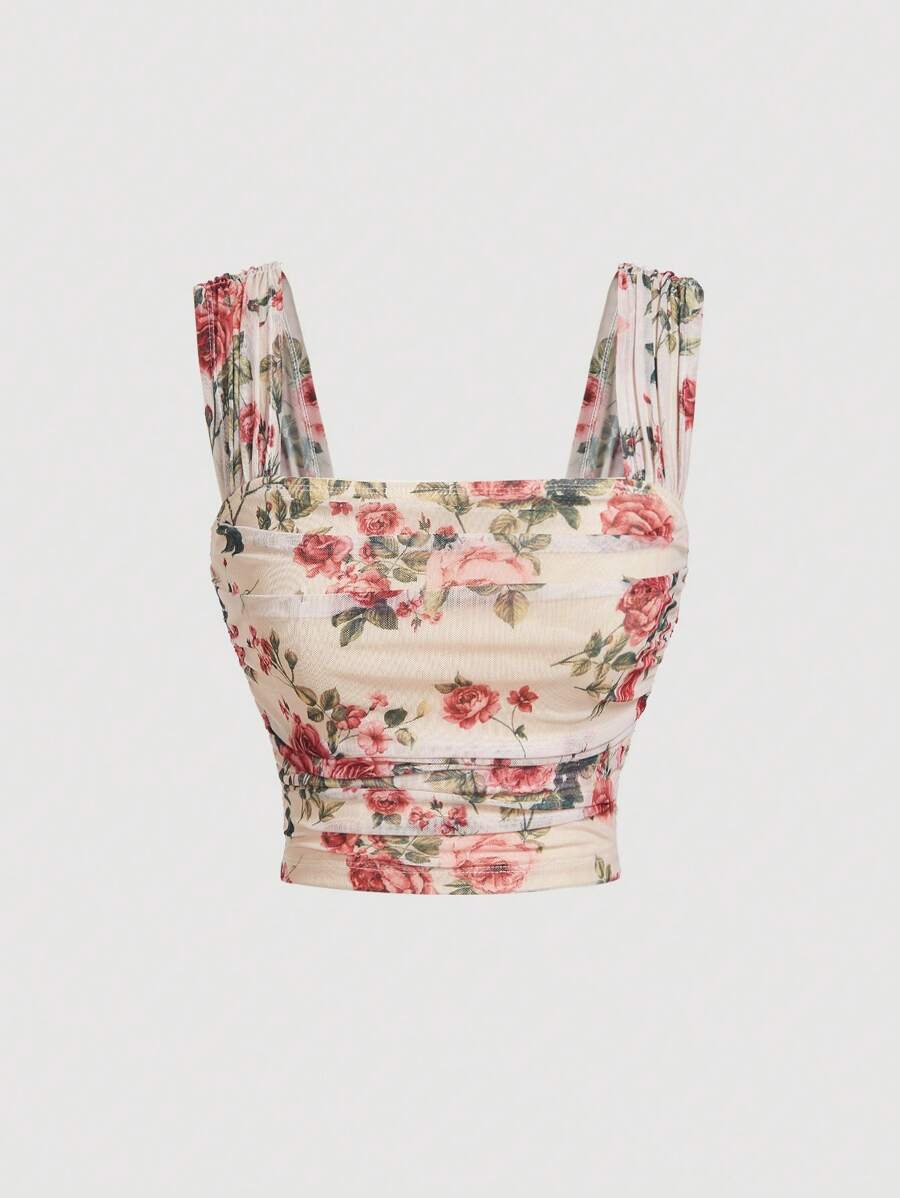 SHEIN MOD Áo kiểu nữ cổ vuông, in hoa màu xanh trắng, dáng ôm, xếp ly, thanh lịch, thích hợp cho mùa thu, thời trang, áo kiểu thời Phục Hưng, hội chợ thời Phục Hưng. - Màu Hoa hồng đỏ - Xem 1