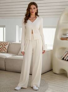 INAWLY Women Solid Color Turndown Collar Long Sleeve Top And Wide-Leg Pants Knit 2 Pieces Set, Casual For Autumn - Beige - View 3