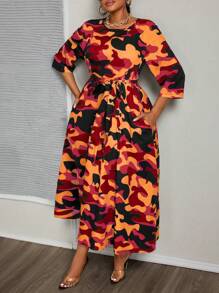 Maweii Plus Size Women Camouflage Lacing Waist Pocket 3/4 Sleeve Midi Dress Maxi Women Outfit