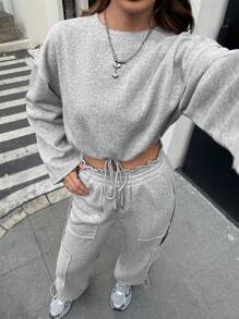 INAWLY 2 stuks dames casual ronde hals lange mouw top en voorkant strik broek set