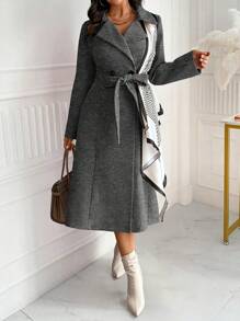 SHEIN Unity Plus Size Casual Double-Breasted Overcoat For Outdoor & Commuting, Autumn, For Winter - Dark Grey - View 4