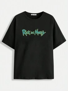 Rick and Morty X SHEIN Men Cartoon And Letter Graphic Drop Shoulder Tee - Black - View 2