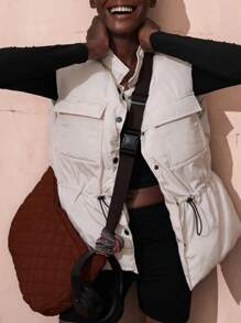 VARSITIE Fall Winter High Collar, Large Pockets, Waist Drawstring Buttoned Vest Women Sports Winter Coats - Apricot - View 6