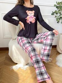 Bộ đồ ngủ dài tay họa tiết gấu trúc và nơ cho quý cô trẻ trung - Nhiều màu - Xem 4