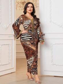 Al Najma Plus Size Women Leopard Print V-Neck Elegancka marszczona obcisła sukienka, Eleganckie dopasowane sukienki Jalabiya Maxi, Na wieczorne przyjęcie/wesele/rocznicę