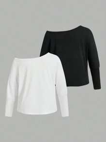 SHEIN Essnce Top de mujer talla grande, 2 piezas, top de hombro asimétrico, top exterior, ropa de primavera para mujer, concierto de mujer